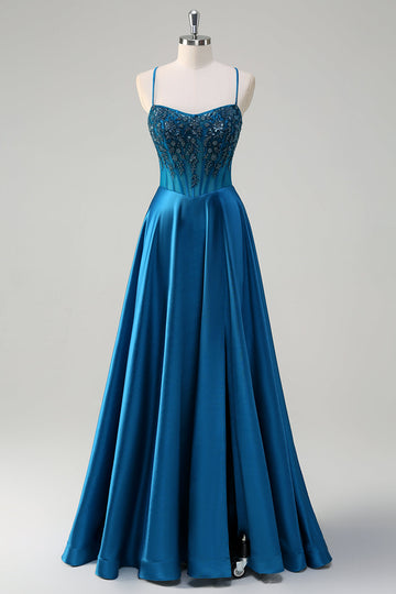 Glitter Blue Corset Spaghetti Straps Long Prom Dress With Sequins